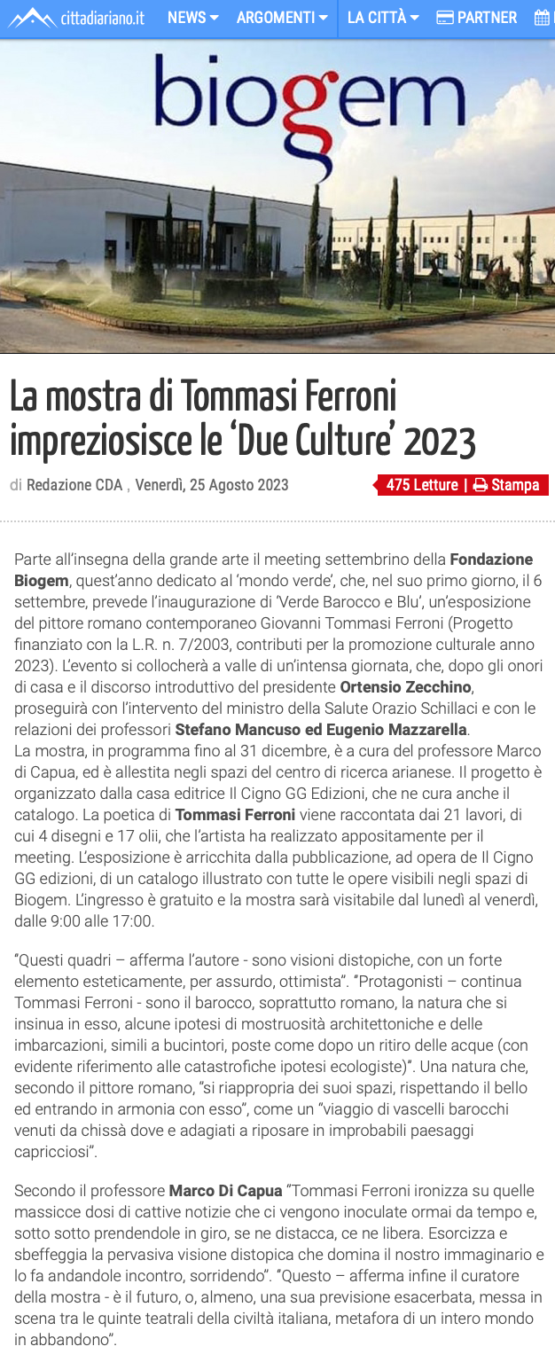 La mostra di Tommasi Ferroni impreziosisce le ‘Due Culture’ 2023